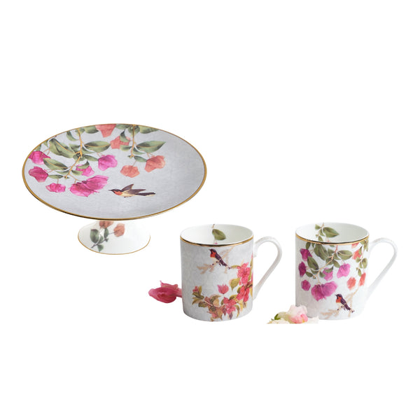 Bougainvillea Mini Cake Stand & 2 Mugs