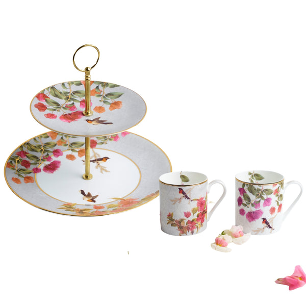 Bougainvillea Cake Stand & 2 Mugs