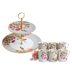 Bougainvillea Cake Stand & 6 Mugs