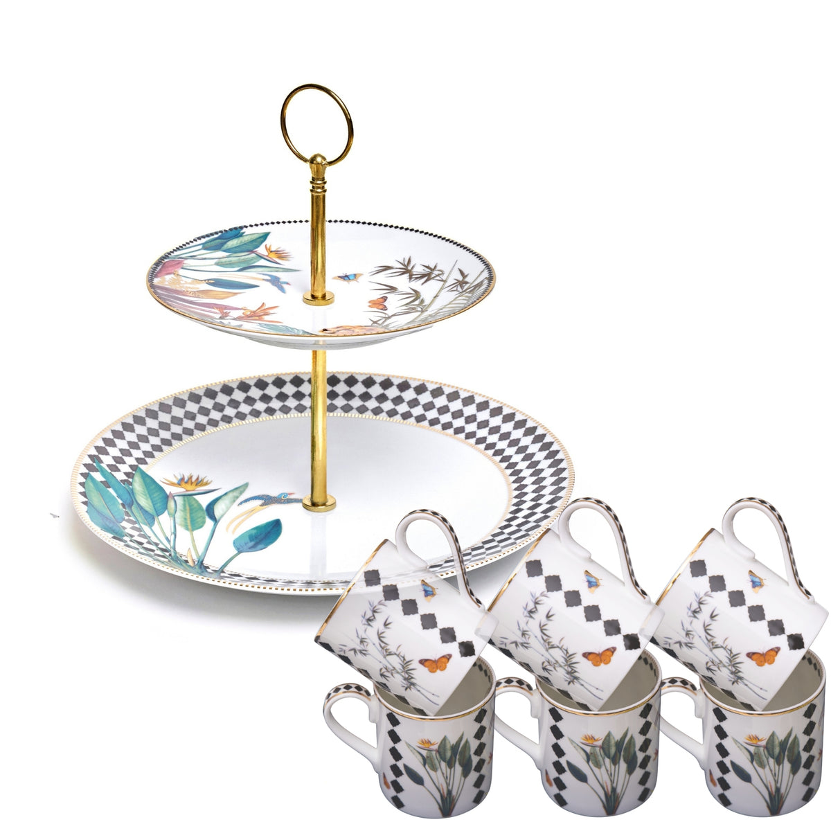 Tropical 6 Coffee Mugs & Cake Stand